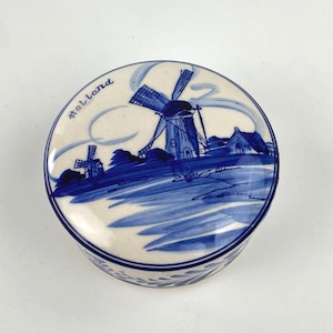 Delft Blue Holland Windmill Trinket Box, Hand Painted, Lidded Round Ceramic Jewelry Box