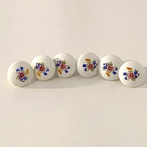May include: Six white ceramic drawer knobs with floral designs. The flowers are pink, blue, yellow, and orange.