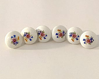 Lot of 6 Ceramic Porcelain Drawer Cabinet Knobs with Screws, Floral Design