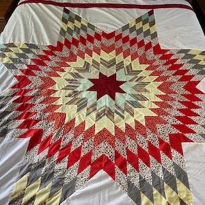 Vintage 8 Point Lone Star Patchwork Quilt Topper, Hand Pieced, Unfinished, 86&quot; x 88&quot;