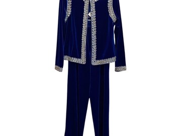 Victor Costa Occasion Velvet Pantsuit Womens Size XS, Embellished, Blue 2 Piece Set
