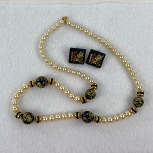 1980s Beaded Necklace and Earring Set: Black & Gold Floral, Made in Japan