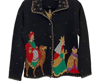 Bellepointe Knit Christmas Cardigan Sweater Womens Size M,  Three Kings Nativity Theme, Embroidered, Button Up