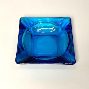Cobalt Blue Glass Ashtray, 4.5&quot; Square, Mid Century Modern, Unbranded