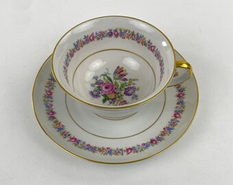 Rosenthal Aida Teetasse mit Untertasse, rosa geblümt, Bahnhof Selb