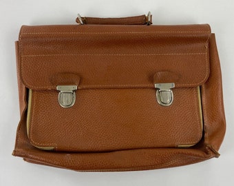 Briefcase Attache Case, Brown Pebbled Leather, Soft Side, 2 Metal Latches