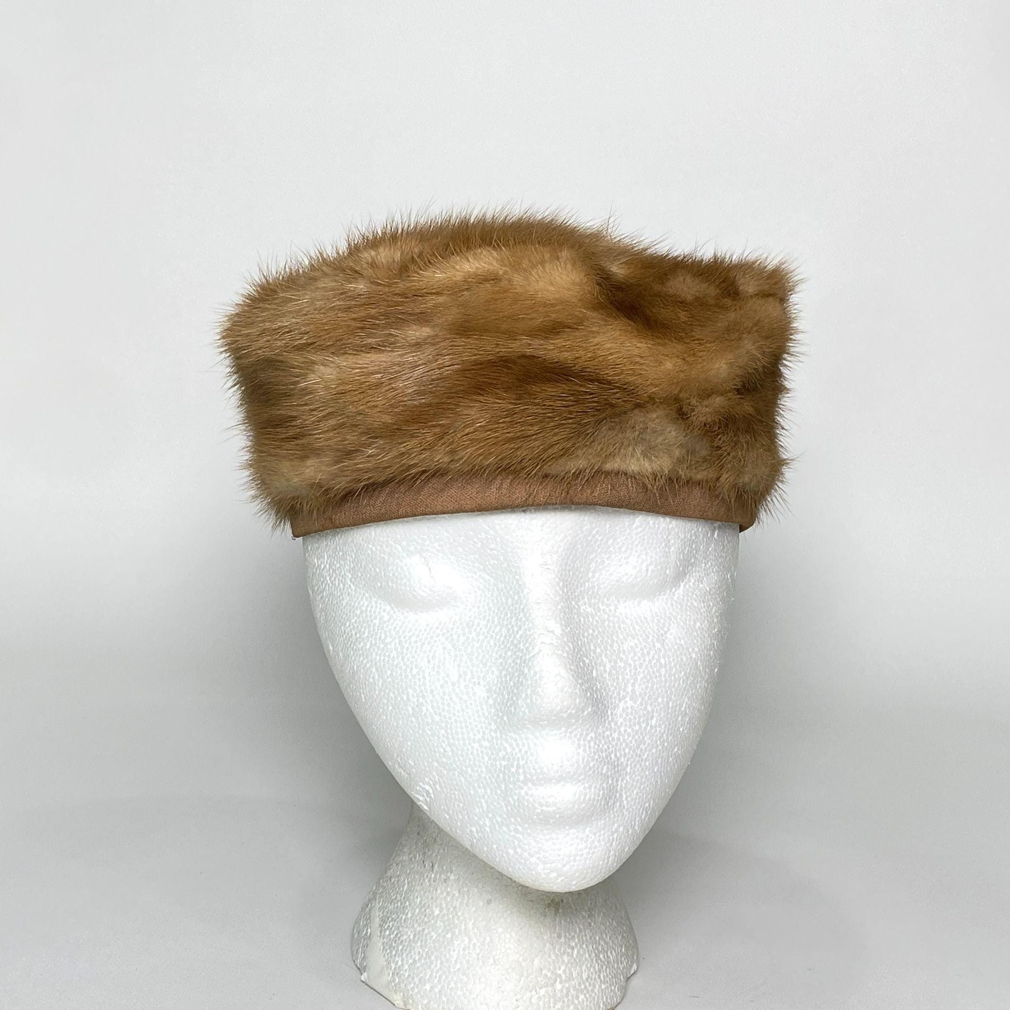Vintage Brown Fur Pillbox Hat by Mister T, Satin Lined, Union Made in USA