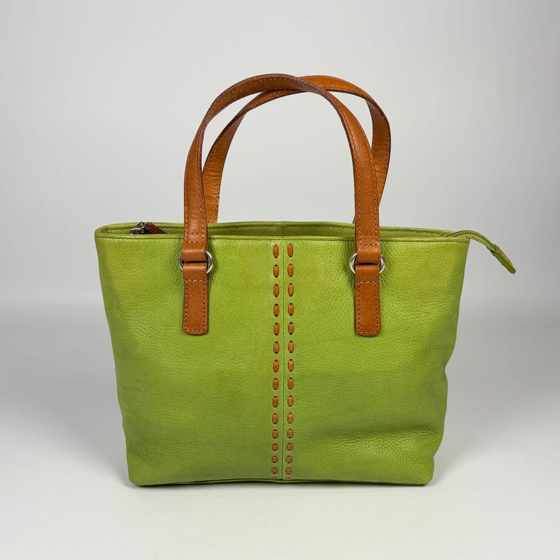 Y2K Fossil Genuine Leather Green Handbag Purse Shoulder Bag, Brown Handles, foto 1 di 5