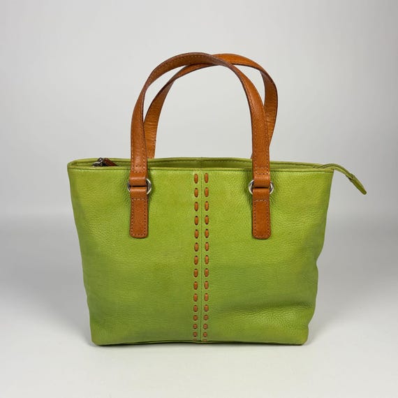 Y2K Fossil Genuine Leather Green Handbag Purse Shoulder Bag, Brown Handles