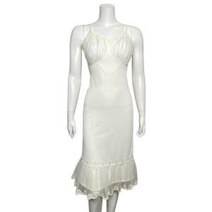 Vintage White Slip Dress With Lace Beaded Trim and Ruffled Hem, Adjustable Straps