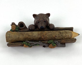 1999 Bear Mountain Pencil Tray with Large Wood Pencil, Hard Resin, Desk Caddy