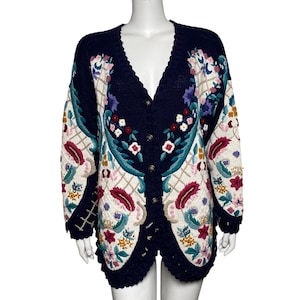 Jennifer Reed Hand Knit Embroidered Cardigan Sweater Womens Size L, Button Up Blue Jumper