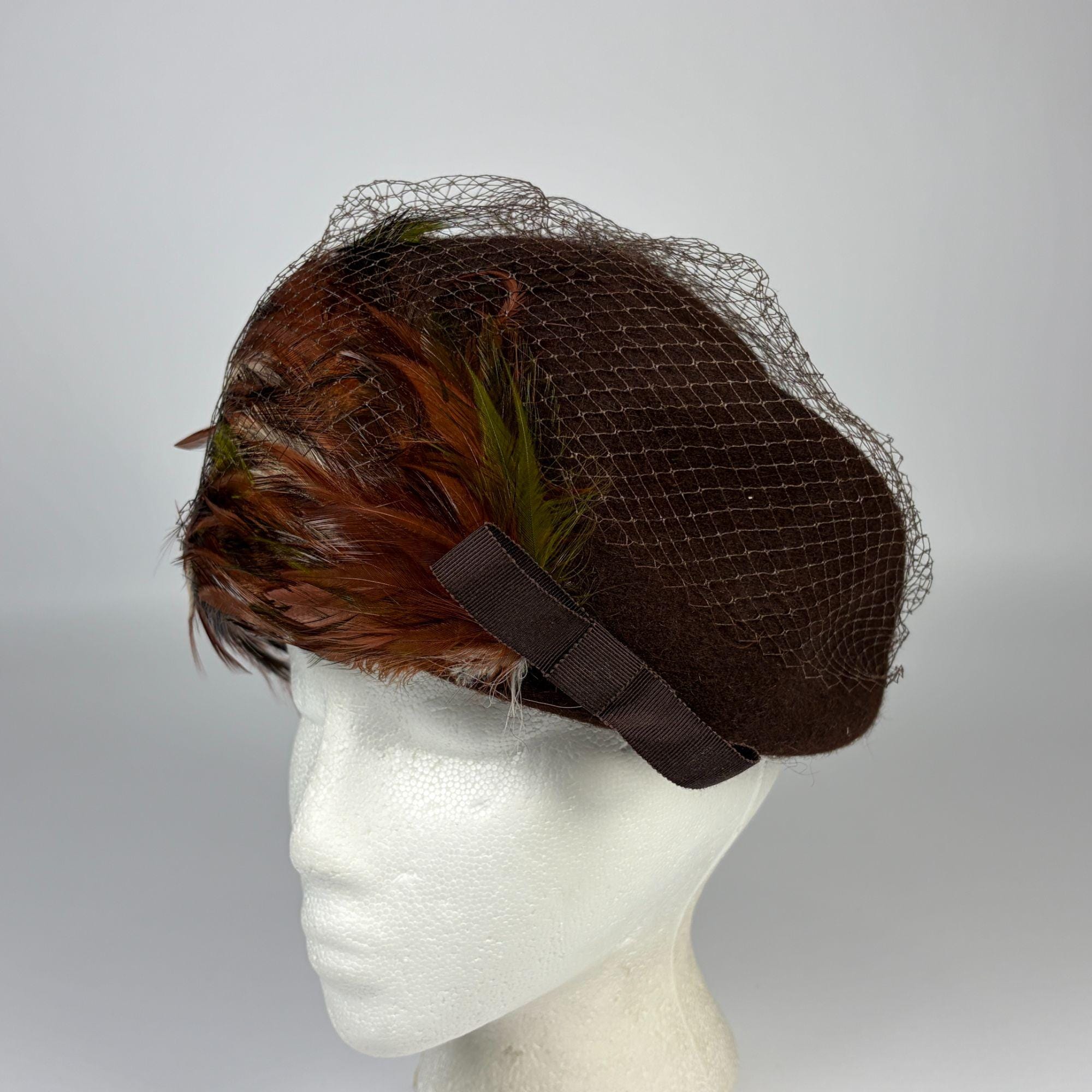 VTG Hat Union Made Olive & Brown Velvet & Satin Shell Hat with Veil Netting Morphy Moldable Leopard Velvet Pill Box Hat With Veil  main image 2
