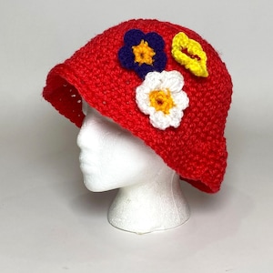 Handmade Crochet Knit Bucket Hat, Red with Attached Flowers, Boho, One Size