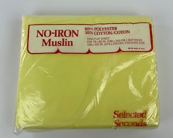 Selected Seconds No Iron Muslin King Flat Sheet, Yellow, Cotton Blend, New Old Stock