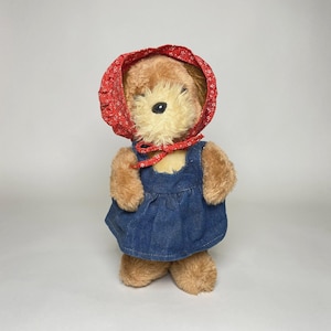 1981 Dakin Plush Puppy Dog Stuffed Animal with Red Bonnet and Denim Dress
