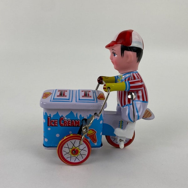 Tin Litho Mechanical Wind Up Ice Cream Vendor Cart Toy Tricycle #K7523