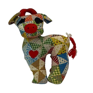 Vintage Handmade Patchwork Cow Plush Stuffed Animal, Yarn Tail. Felt Horns and Nose