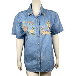 Chemise en jean fleurie femme taille M, boutonnée, manches courtes, Keren Hart
