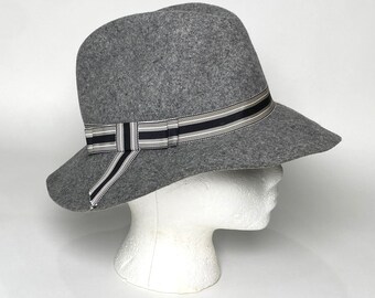 Betmar New York Wide Brim Fedora Hat, Striped Ribbon Band, Gray, 100% Wool