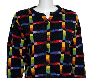 Cárdigan abotonado de cuadros arcoíris de Janes Closet, talla S, jersey de manga larga