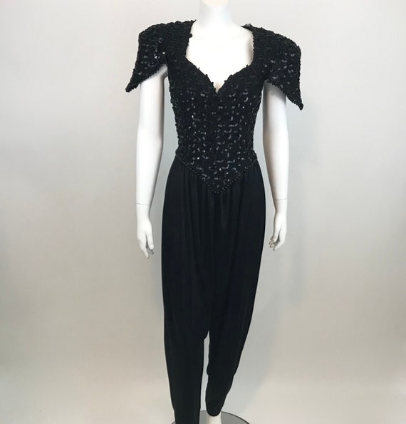 Vintage 80s Black Sequin Jumpsuit Womens Juniors