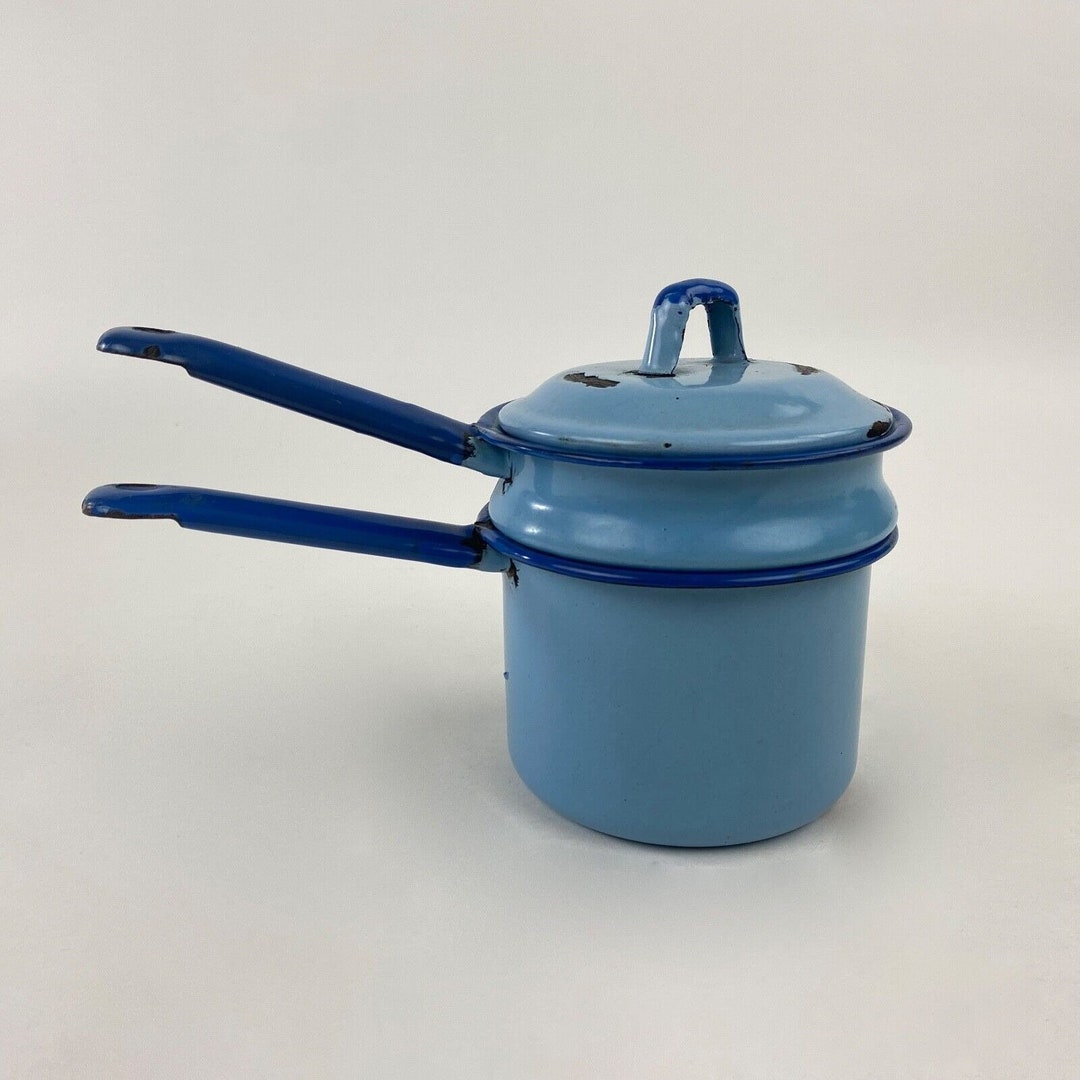 Enamelware 3 Piece Double Boiler Enamel Pot, Blue Pots With Blue Trim
