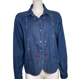 Casey and Max Denim Button Up Shirt Womens Size L, Embroidered Flowers, Long Sleeve