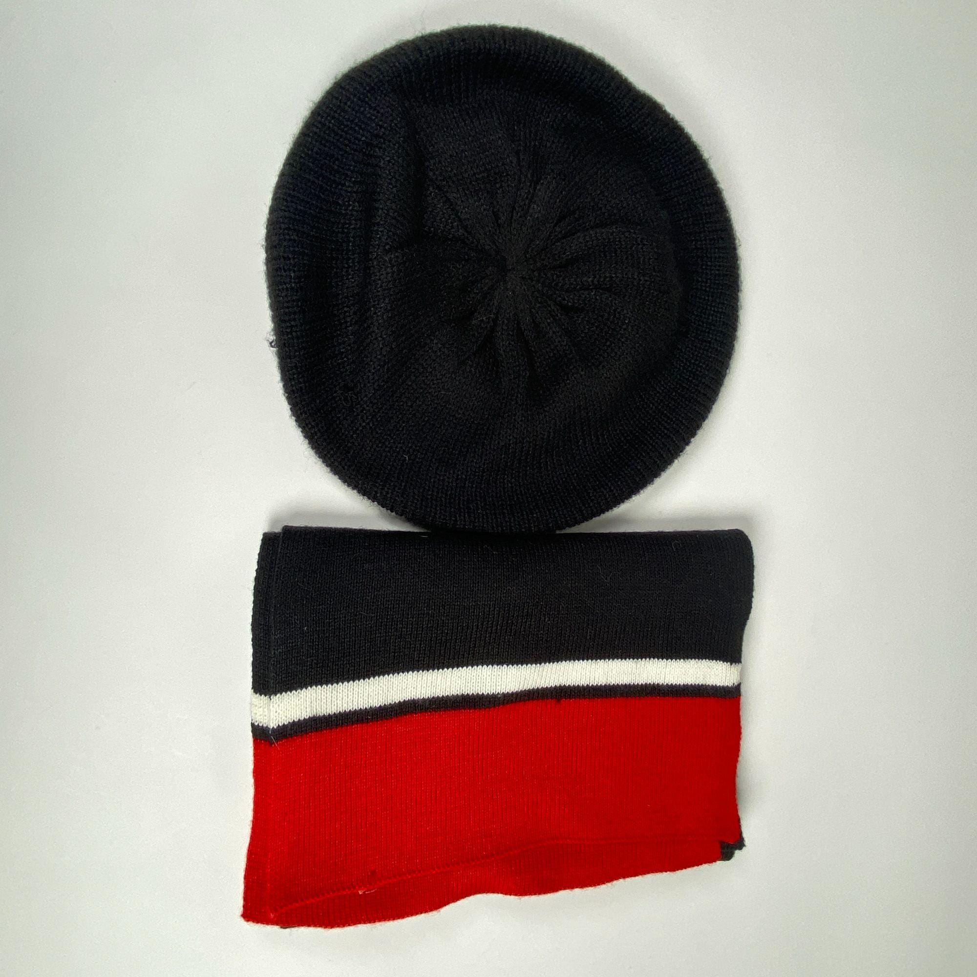 ARIS Vintage Hat & Scarf Set 90s Aris Knit Beret and Scarf Set, Black and Red Stripes - Etsy main image 2