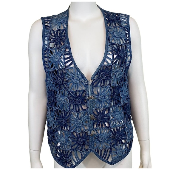 Chrysantheme Denim Flower Vest, Button Up, Boho F… - image 1