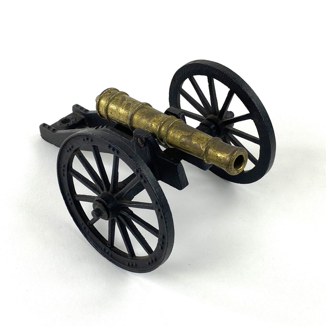 Cast Iron Brass Model Cannon, Military, Rolling Wheels, Display Piece