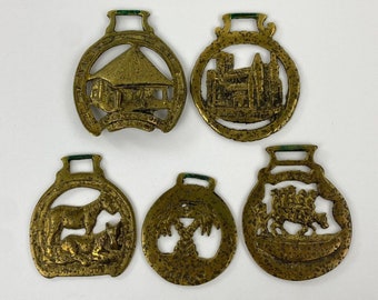 Set of 5 Brass Horse Harness Bridle Saddle Medallions, English Towns, Riding Decor