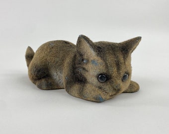 Flocked Cat Kitten Coin Bank with Stopper, Brown Eyes, Laying Down