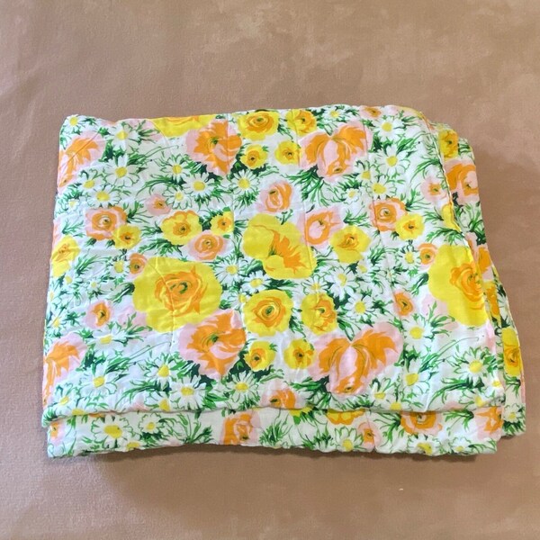 Coverlet Bedspread, Quilted, Yellow Orange Pink Roses Flowers, 85" x 97"