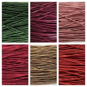 May include: Six close-up images of elastic cord in various colours. The colours are green, magenta, rose, red, gold, and a darker red. The cords are tightly wound and appear to be made of a flexible material.