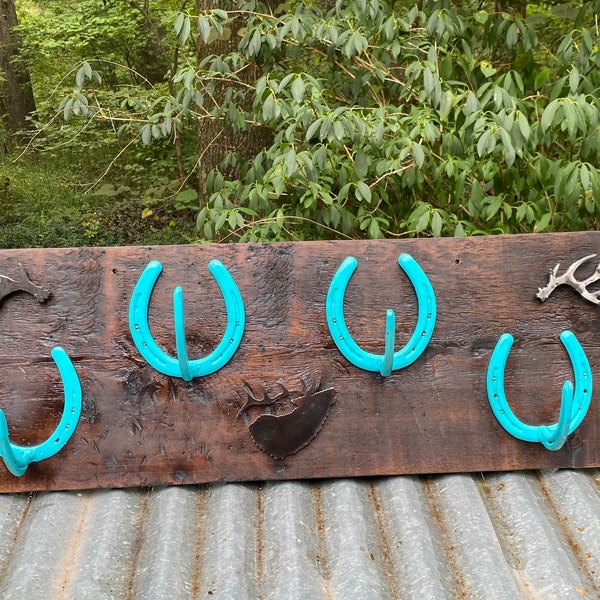 Wooden Horseshoe Coat Rack with Laser Cut Elk and Horns