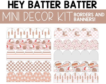 Op de afbeelding: Een set printbare baseball-thema borders en banners. De borders bevatten honkbalknuppels, honkballen, handschoenen en hoeden. De banners zeggen "Speeldag".