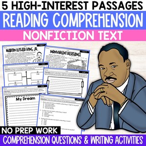 Könnte beinhalten: Ein schwarz-weißes druckbares Arbeitsblatt mit dem Titel "5 hochinteressante Passagen Leseverständnis Sachtext" und einem Bild von Martin Luther King Jr. Das Arbeitsblatt enthält Aktivitäten zu Martin Luther King Jr. und gewaltlosem Widerstand.