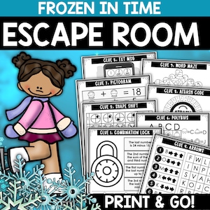 May include: A printable escape room game with a winter theme. The game features a cartoon girl ice skating and nine different clues, including a word maze, a combination lock, and a pictogram.