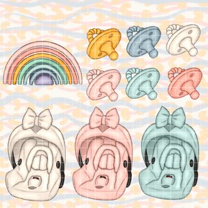 May include: A set of baby items including a rainbow stacking toy, three car seat covers in white, pink, and blue, and six pacifiers in yellow, blue, white, pink, green, and blue.
