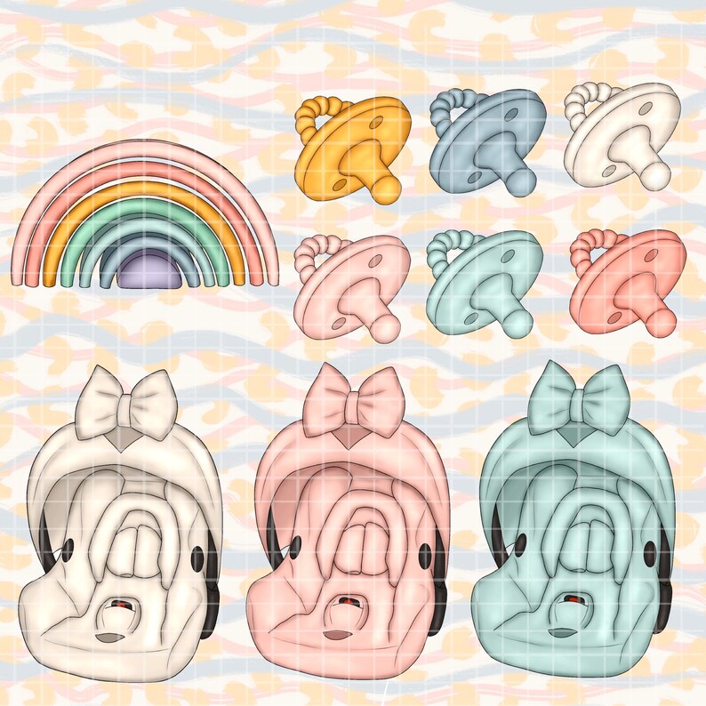 May include: A set of baby items including a rainbow stacking toy, three car seat covers in white, pink, and blue, and six pacifiers in yellow, blue, white, pink, green, and blue.