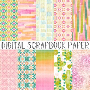 Könnte beinhalten: Set mit 10 digitalen Scrapbook-Papieren mit verschiedenen Mustern in Rosa, Grün, Orange und Weiß. Die Muster umfassen geometrische Formen, Streifen und Aquarell-Waschungen. "DIGITAL SCRAPBOOK PAPER" steht in schwarzer Schrift oben im Bild.