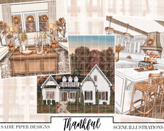 THANKFUL Scenes, Thanksgiving Clipart, Autumn Clipart, Fashion Clipart, Fall Autumn Pumpkins, Black Friday Fall Feast Friendsgiving Farmhou
