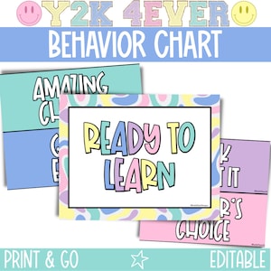 May include: A set of four printable behaviour chart cards with a Y2K theme. The cards feature colourful abstract shapes and text that reads "Amazing Choice", "Ready to Learn", "Got It", and "R's Choice".