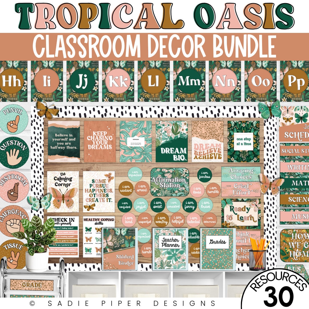 Printable Tropical Classroom Decor Set, Plant Themed Classroom Printables, Tropical Oasis Decor, Botanical Greenery Decor Butterfly Bulletin