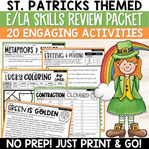 St. Patrick&#39;s Literacy Worksheets for 3rd Grade, NO PREP 3rd Grade March Worksheets, 3rd Grade Language Arts Review Packet, Reading Review