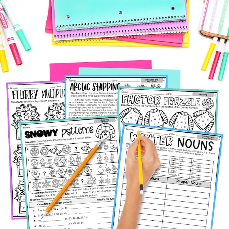 Op de afbeelding: Zwart-witte werkbladen voor kinderen met winterthema's. De werkbladen bevatten activiteiten zoals vermenigvuldiging, patroonherkenning, factoridentificatie en naamidentificatie. De werkbladen zijn ontworpen om leuk en boeiend te zijn voor kinderen.