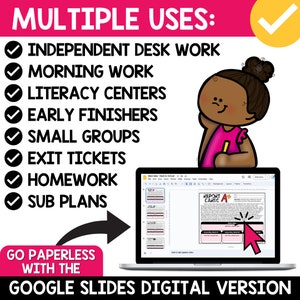 May include: A colorful illustration of a girl thinking about using a Google Slides digital version of report cards. The text "MULTIPLE USES" is at the top of the image. The text "GO PAPERLESS WITH THE GOOGLE SLIDES DIGITAL VERSION" is at the bottom of the image. The text "REPORT CARDS A+ " is on the computer screen.