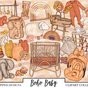 May include: A collection of boho baby nursery decor clipart featuring a variety of items, including a crib, a rocking chair, a mobile, a play mat, a stuffed animal, a rattle, a teether, a baby carrier, a diaper bag, and a baby elephant. The clipart is in a neutral color palette of beige, brown, and white.