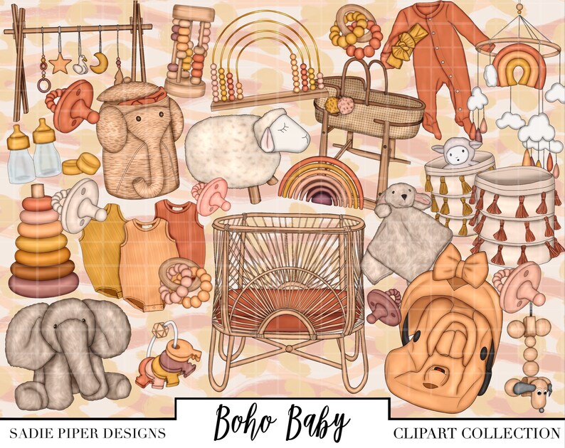 May include: A collection of boho baby nursery decor clipart featuring a variety of items, including a crib, a rocking chair, a mobile, a play mat, a stuffed animal, a rattle, a teether, a baby carrier, a diaper bag, and a baby elephant. The clipart is in a neutral color palette of beige, brown, and white.